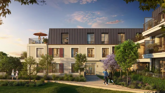 Perspective 3D — Façade sur jardin — L'Écrin Harmonie, Montlhéry