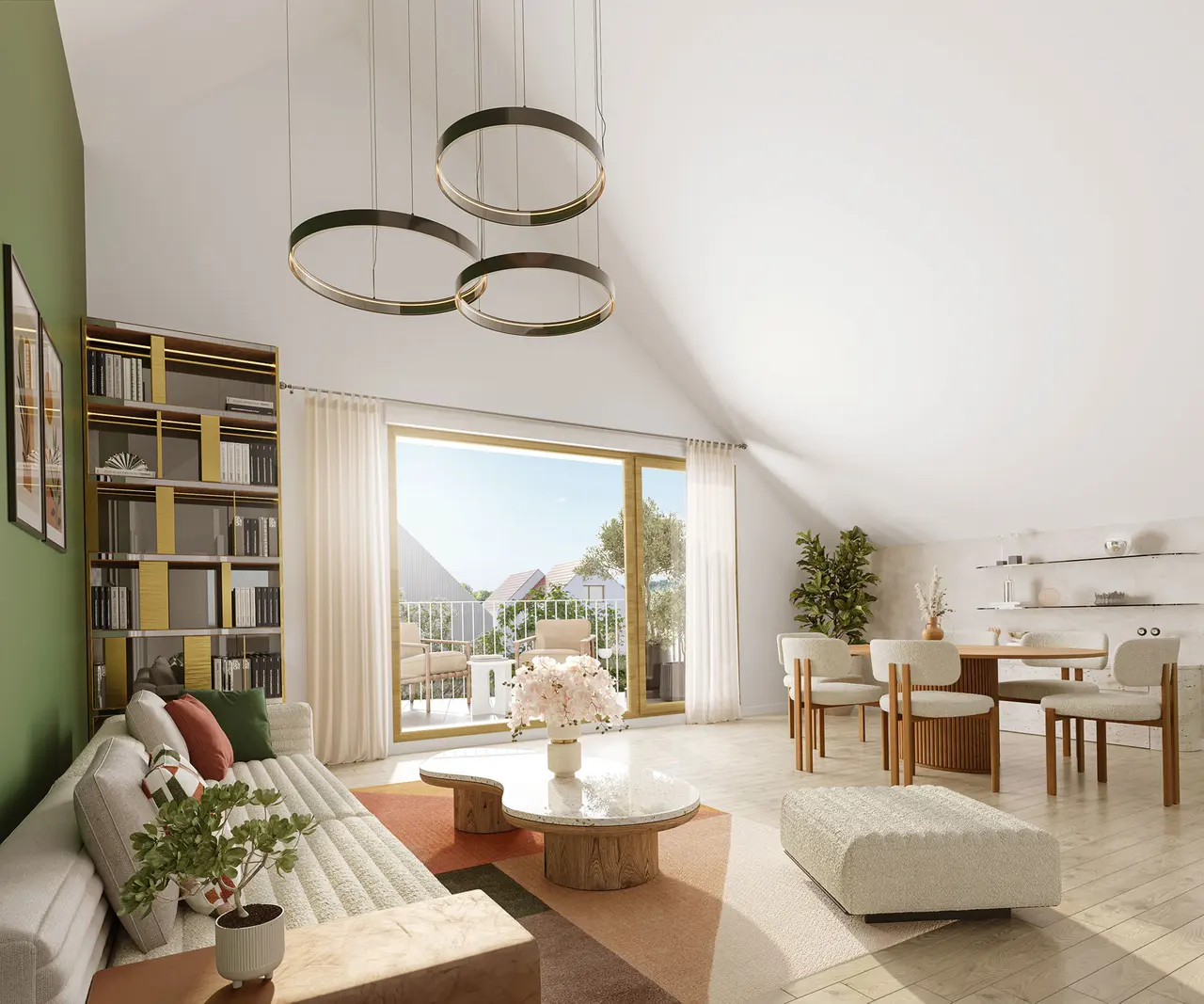 3D rendering — Living room under the eaves — Espaces Nature, Magny-le-Hongre