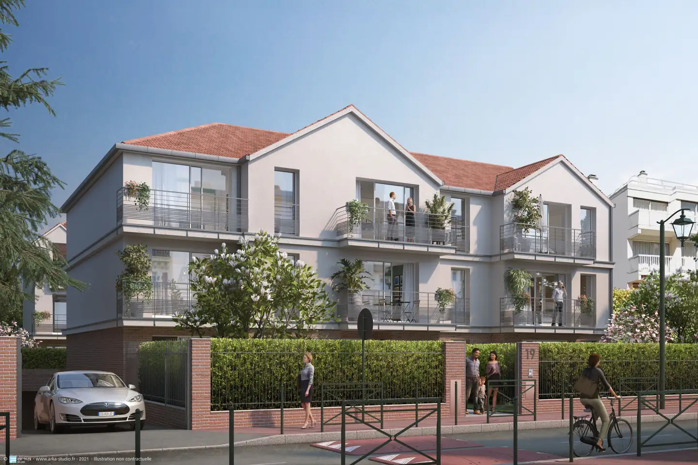 3D rendering — Street-facing façade — Plaza Bourg-la-Reine Cottages, Bourg-la-Reine