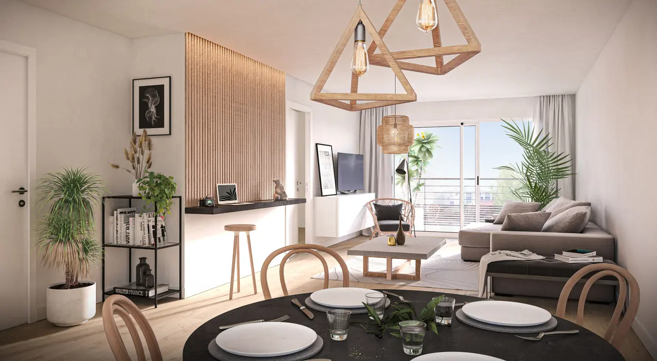 3D rendering — Living room and kitchen — Plaza Bourg-la-Reine Cottages, Bourg-la-Reine