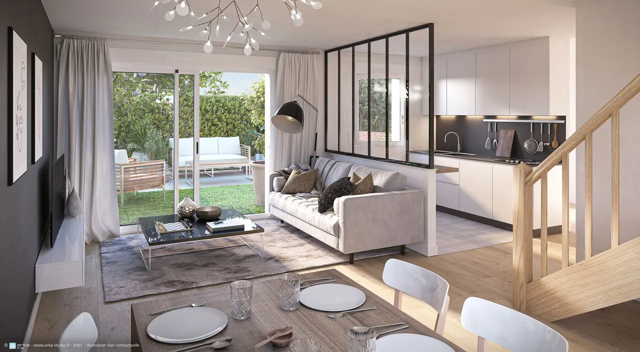 3D rendering — Living room and glass wall — Plaza Bourg-la-Reine Cottages, Bourg-la-Reine